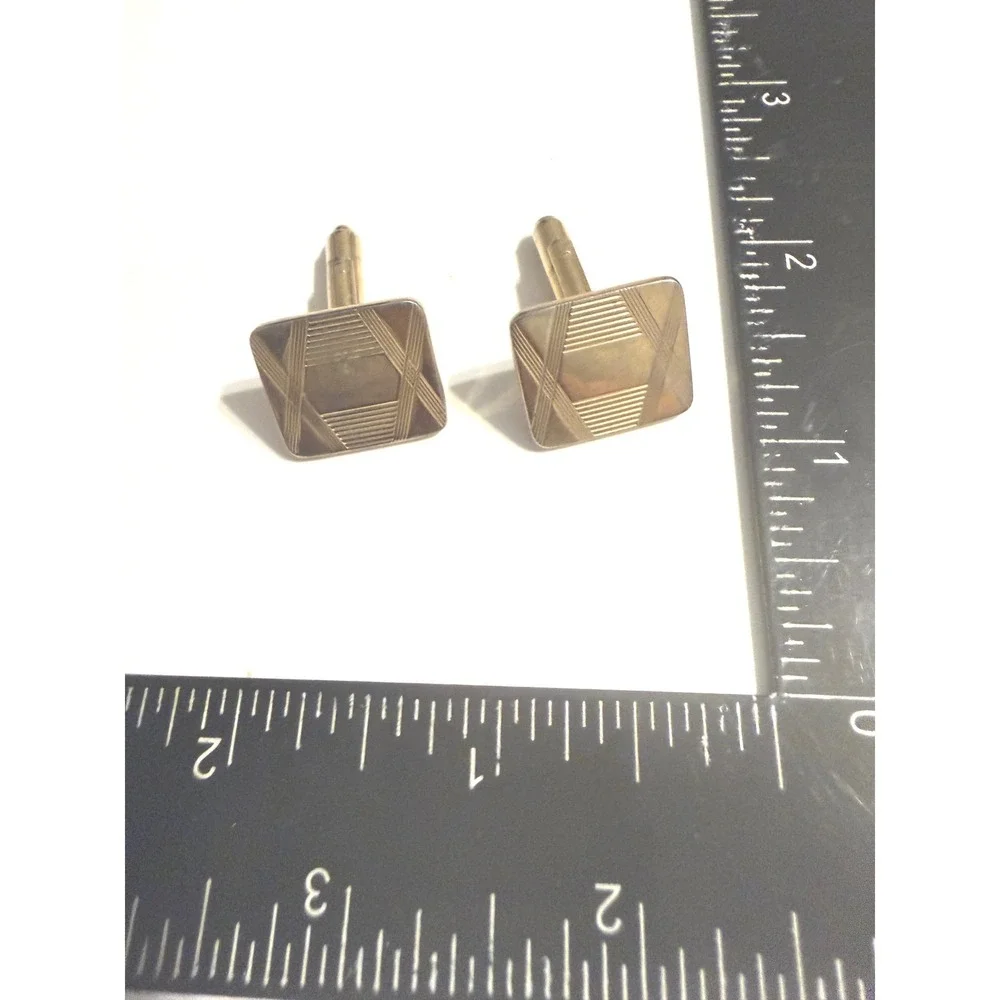Vintage Gold Tone Etched Geometric Rectangular Toggle Back Cufflinks Mens